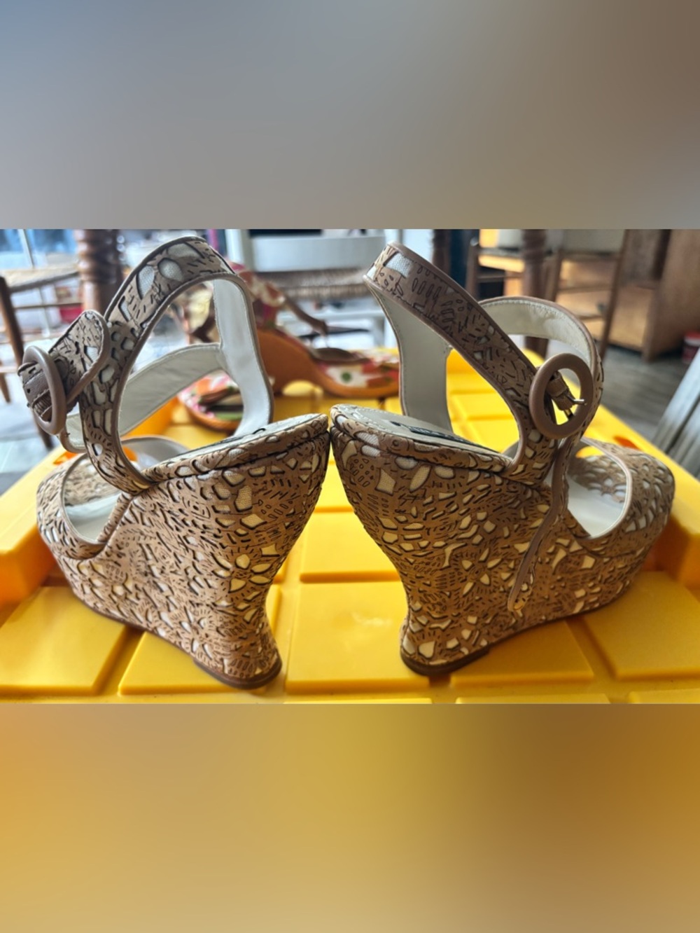 Alice + Olivia Tan and White Laser-Cut Floral Wedge Sandals- size 41 - Picture 7 of 16